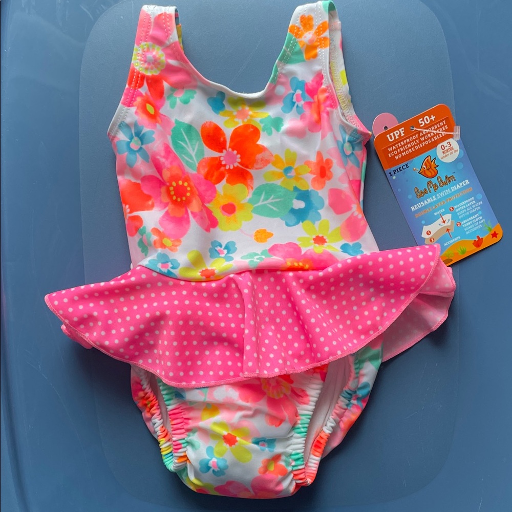 BaBy BanZ Floral One Piece Swimsuit - Pink and White 0-3 months